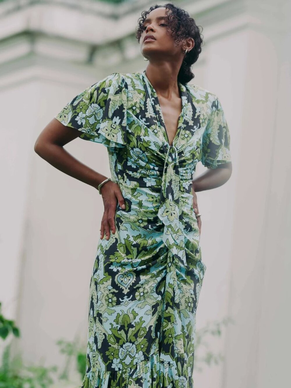 NWT Cinq À Sept Damask Peeta Ruched Midi Dress Tapestry Green Blue Size 4 NEW